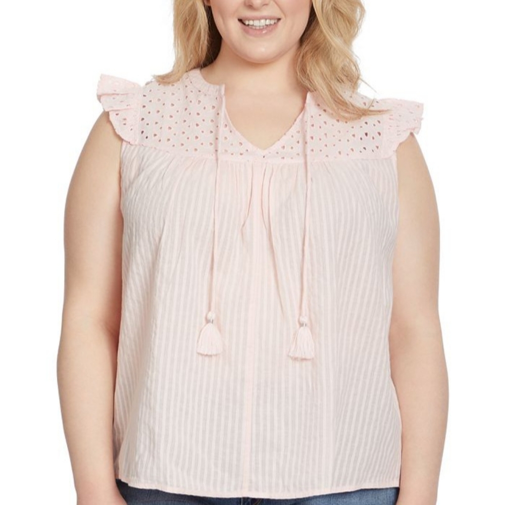Jessica Simpson Light Pink Boho Blouse Eyelet Puff Sleeve Size 1X